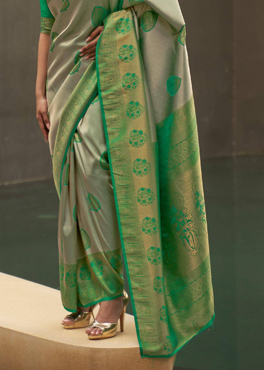 Green & Grey Two Tone Woven Silk Saree | Stitched Blouse - qivii