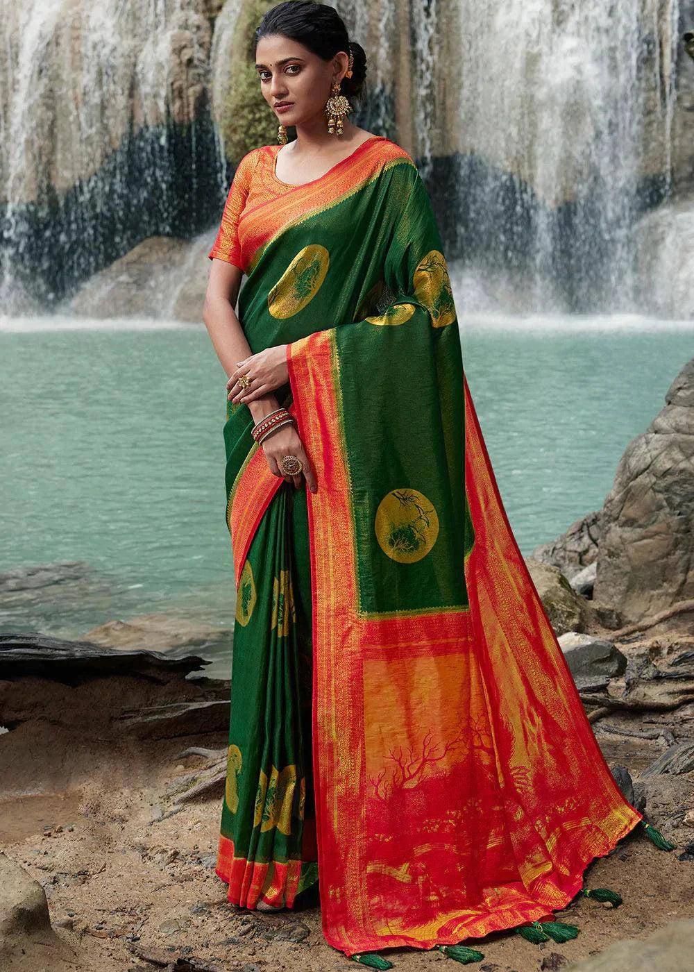 Green & Orange Zari Woven Kanjivaram Silk Saree | Stitched Blouse - qivii