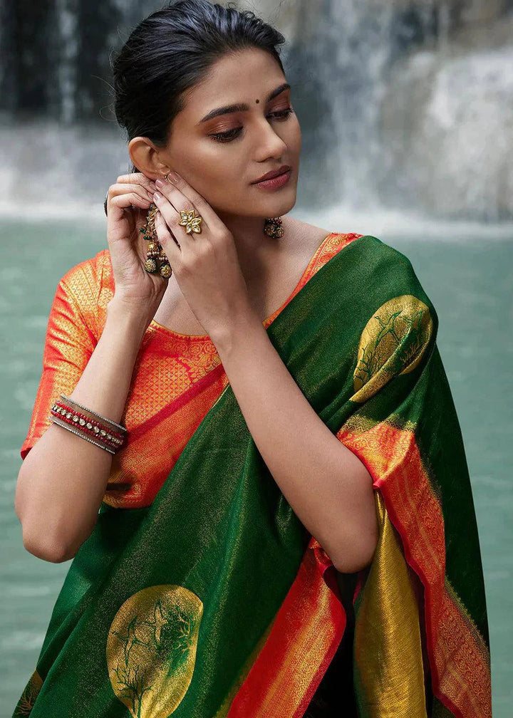 Green & Orange Zari Woven Kanjivaram Silk Saree | Stitched Blouse - qivii