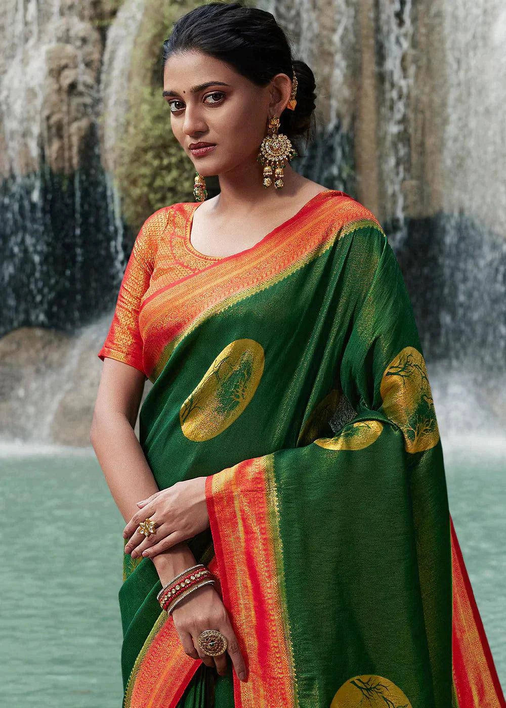 Green & Orange Zari Woven Kanjivaram Silk Saree | Stitched Blouse - qivii