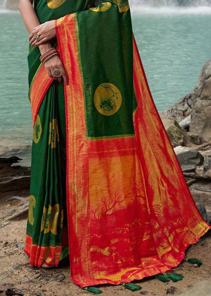 Green & Orange Zari Woven Kanjivaram Silk Saree | Stitched Blouse - qivii