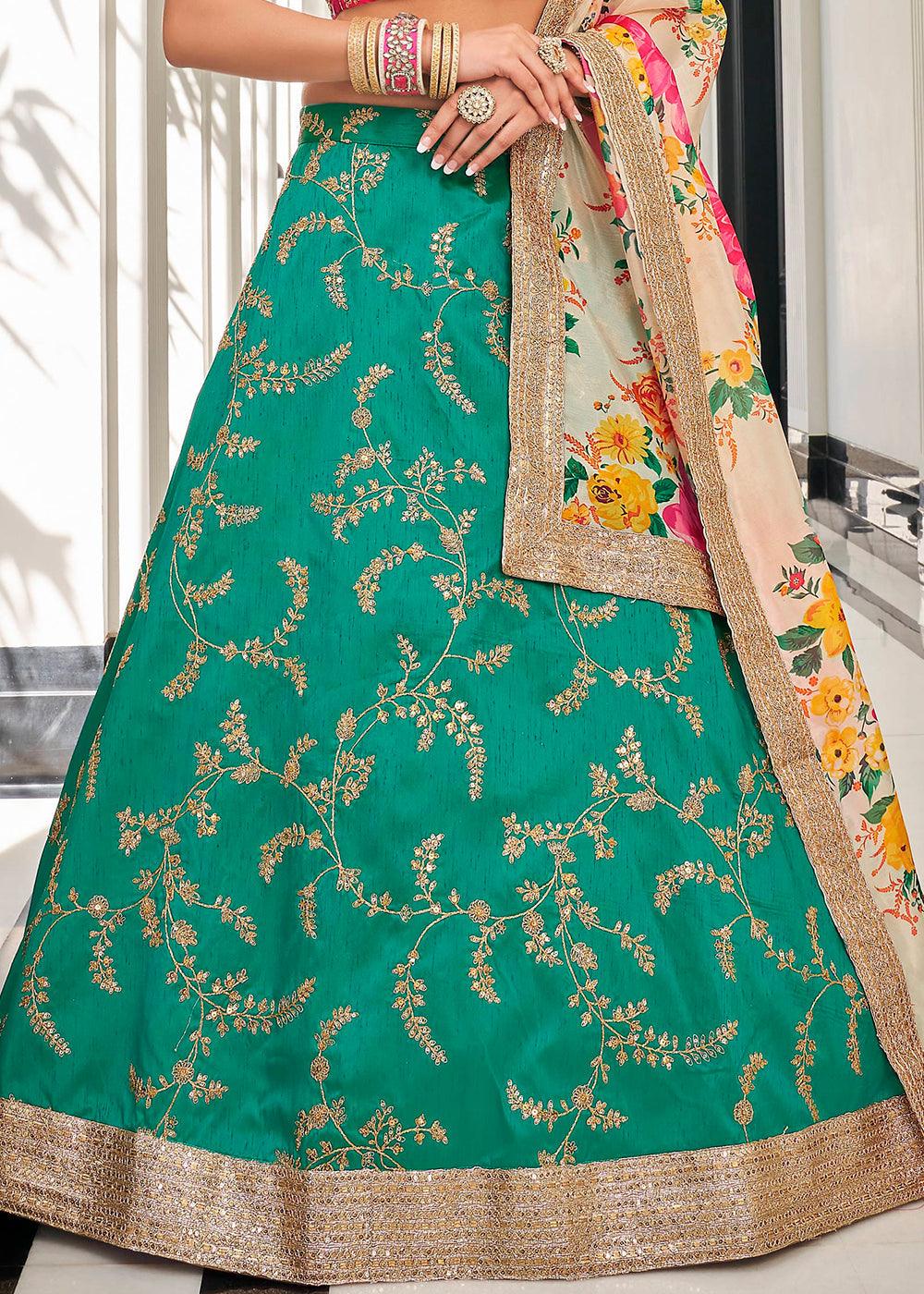 Green & Pink Art Silk Lehenga Choli with Thread, Zari,Dori & Sequins work - qivii