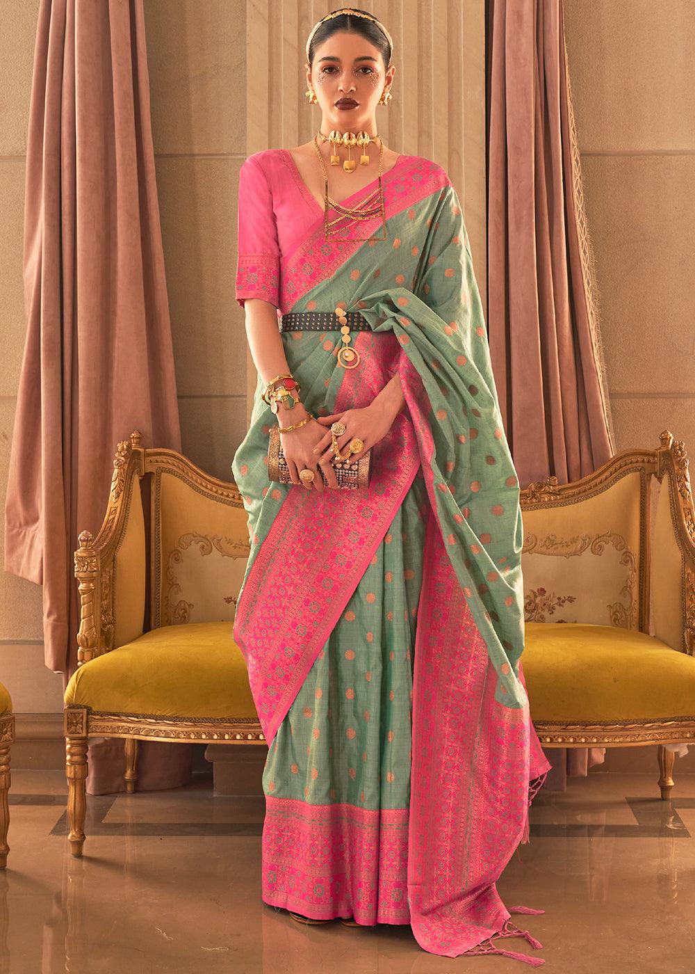 Green & Pink Bamboo Copper Zari Handloom Woven Silk Saree - qivii