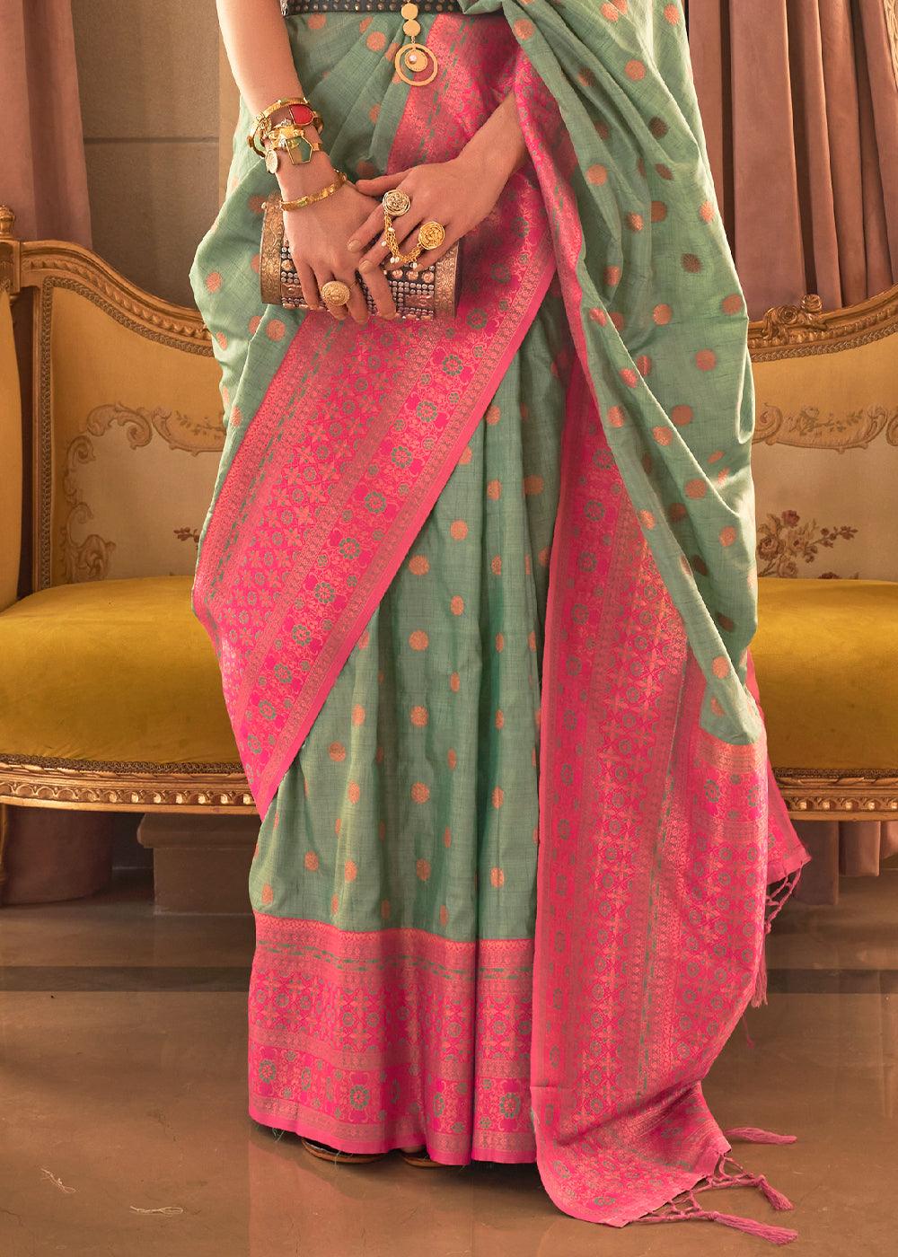 Green & Pink Bamboo Copper Zari Handloom Woven Silk Saree - qivii