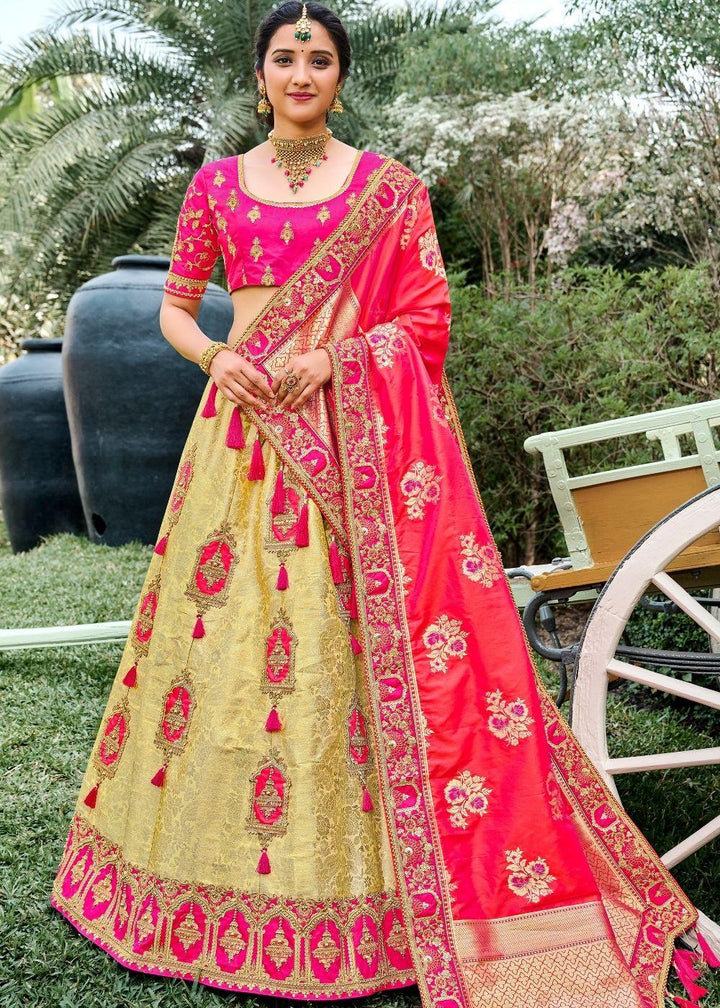 Green & Pink Banarasi Silk Lehenga Choli - qivii