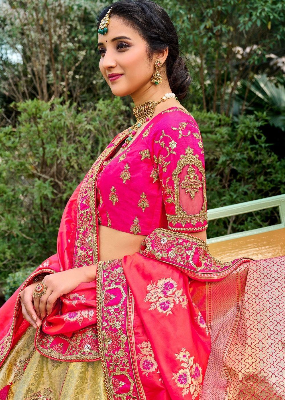 Green & Pink Banarasi Silk Lehenga Choli - qivii