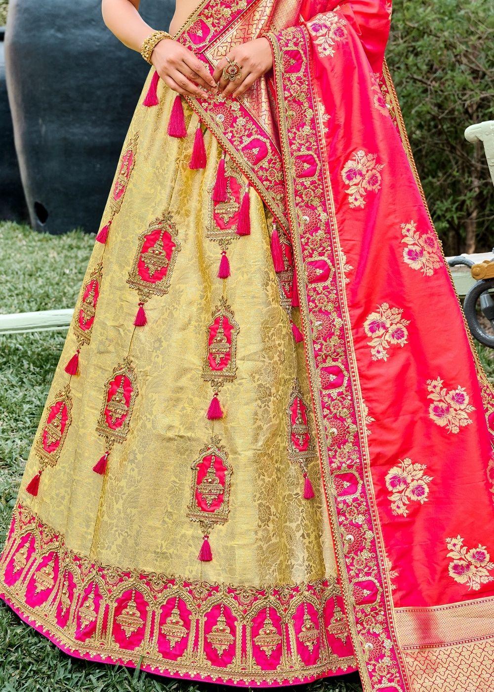 Green & Pink Banarasi Silk Lehenga Choli - qivii