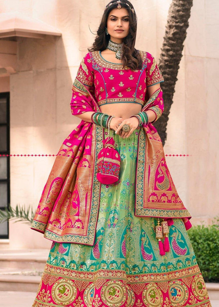 Green & Pink Banarasi Silk Lehenga Choli with Hand Embroidery work - qivii