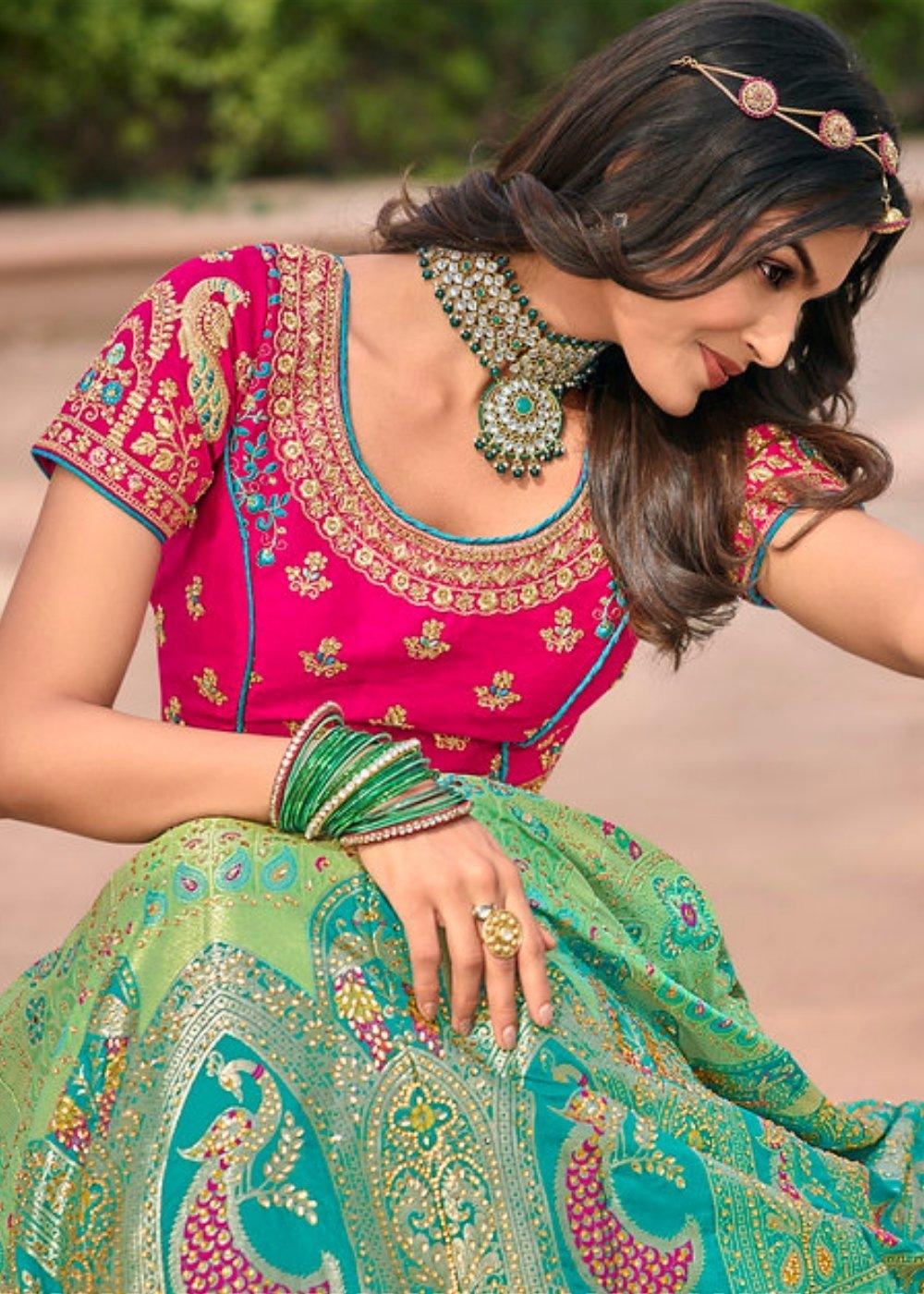 Green & Pink Banarasi Silk Lehenga Choli with Hand Embroidery work - qivii