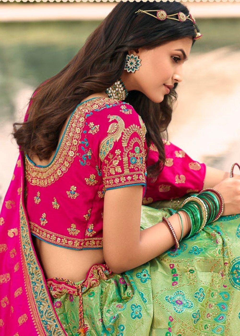 Green & Pink Banarasi Silk Lehenga Choli with Hand Embroidery work - qivii