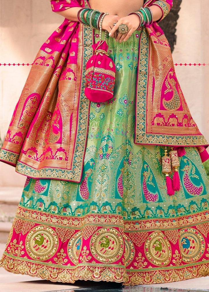 Green & Pink Banarasi Silk Lehenga Choli with Hand Embroidery work - qivii