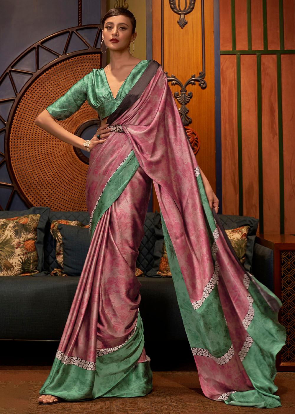 Green & Pink Designer Satin Crepe Printed Saree - qivii