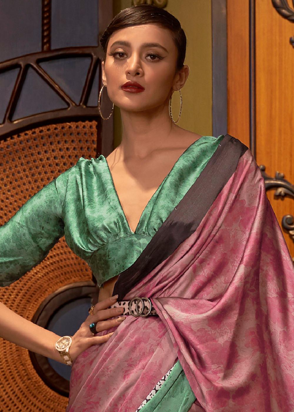 Green & Pink Designer Satin Crepe Printed Saree - qivii