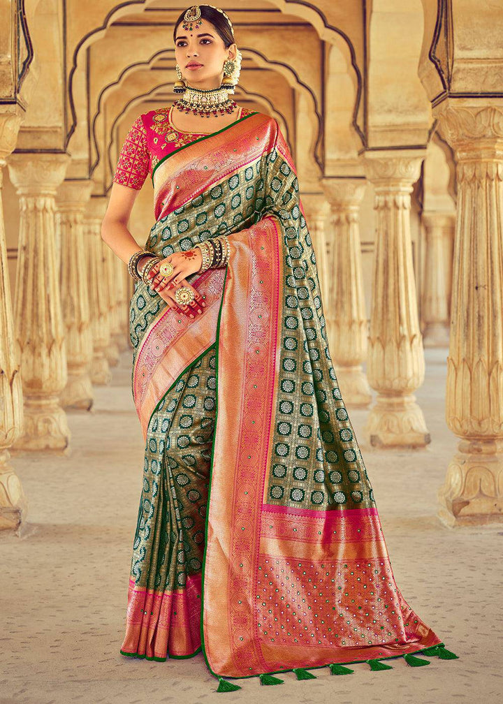 Green & Pink Kanjivaram Silk Saree with Mirror, Khatli & Cut-Dana work | Stitched Blouse - qivii