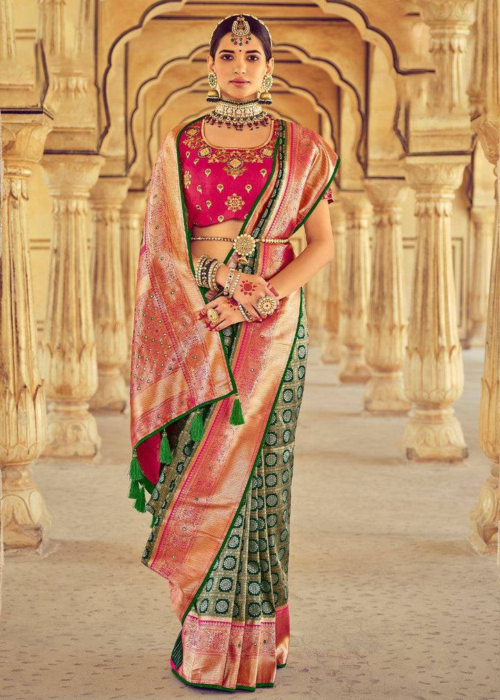 Green & Pink Kanjivaram Silk Saree with Mirror, Khatli & Cut-Dana work | Stitched Blouse - qivii