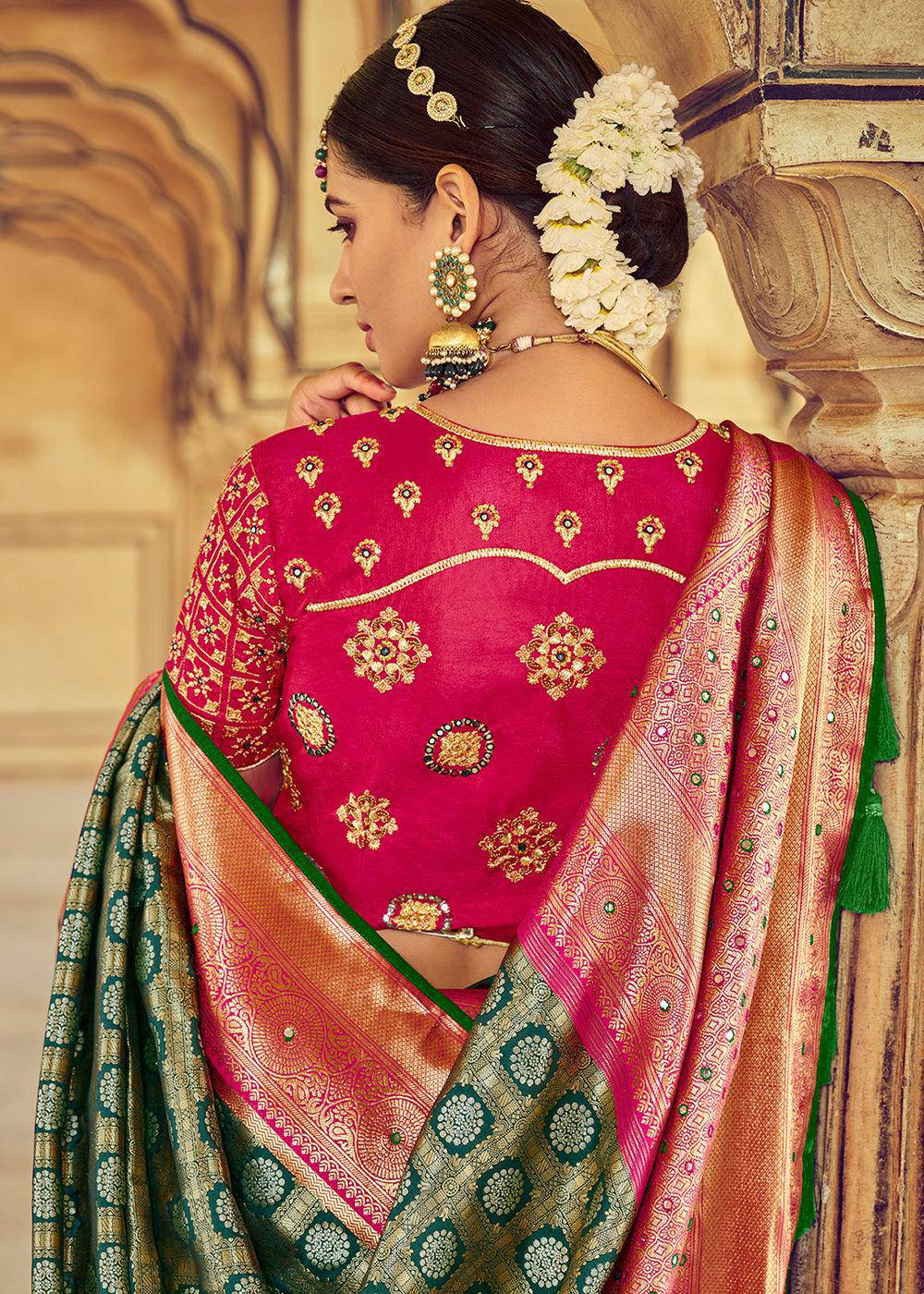 Green & Pink Kanjivaram Silk Saree with Mirror, Khatli & Cut-Dana work | Stitched Blouse - qivii