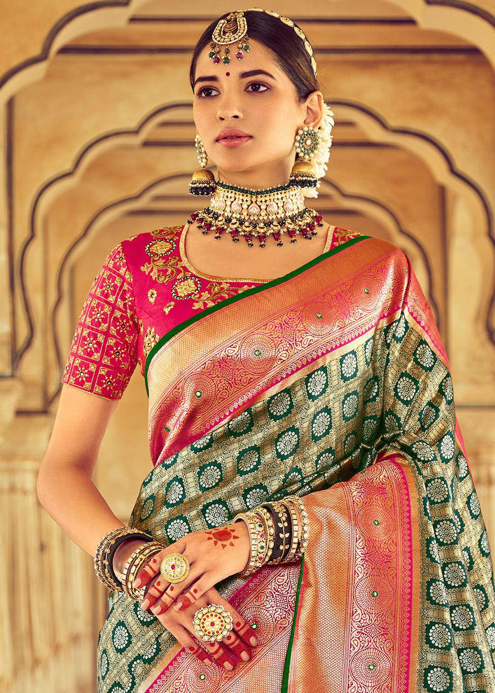 Green & Pink Kanjivaram Silk Saree with Mirror, Khatli & Cut-Dana work | Stitched Blouse - qivii