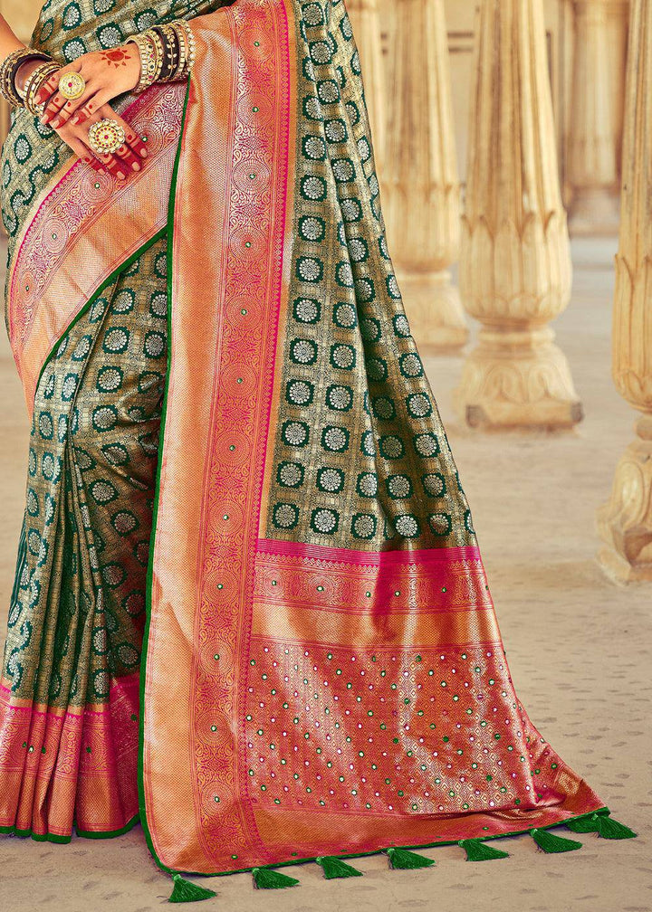 Green & Pink Kanjivaram Silk Saree with Mirror, Khatli & Cut-Dana work | Stitched Blouse - qivii