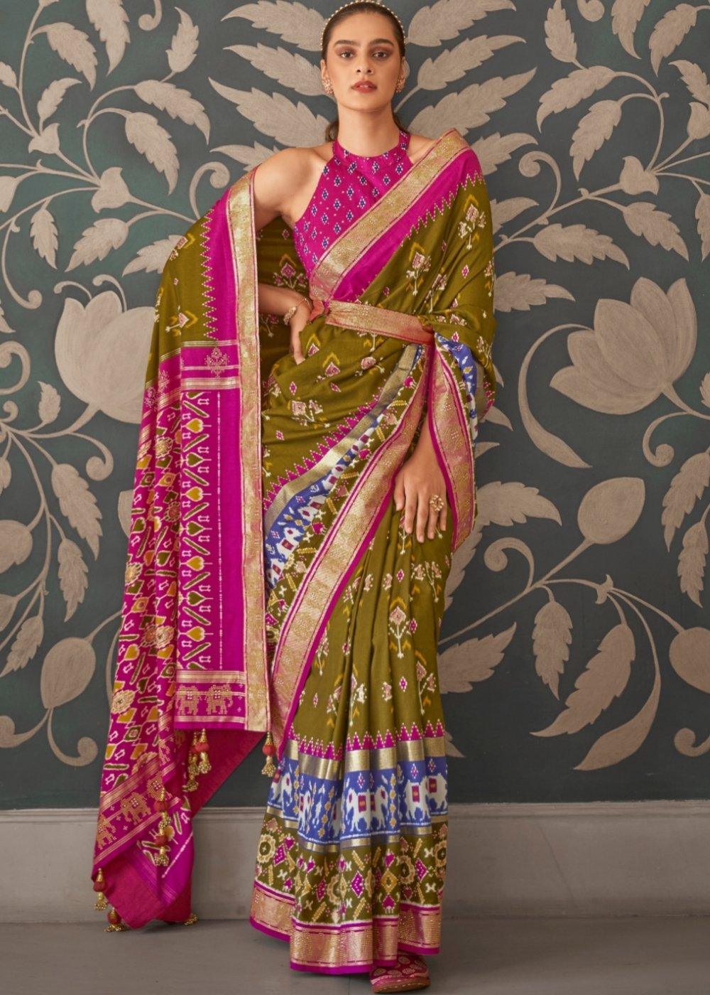 Green & Pink Patola Silk Saree with Zari Border & Tassels On Pallu | Stitched Blouse - qivii