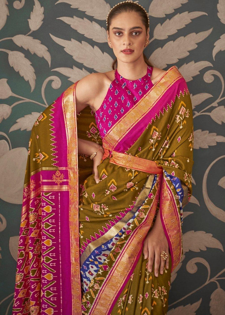 Green & Pink Patola Silk Saree with Zari Border & Tassels On Pallu | Stitched Blouse - qivii