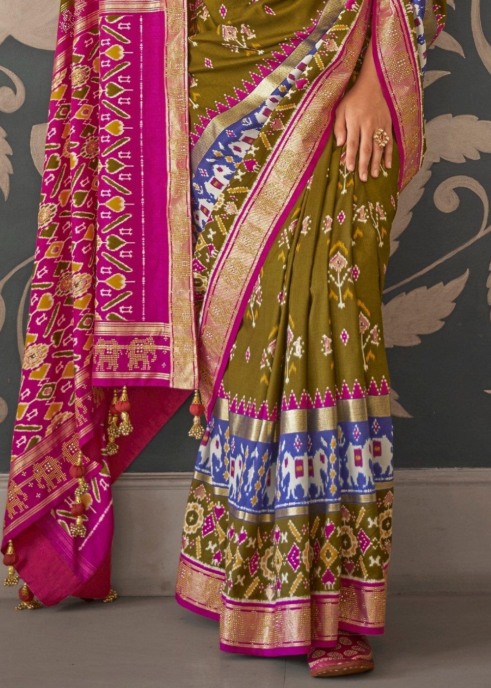 Green & Pink Patola Silk Saree with Zari Border & Tassels On Pallu | Stitched Blouse - qivii