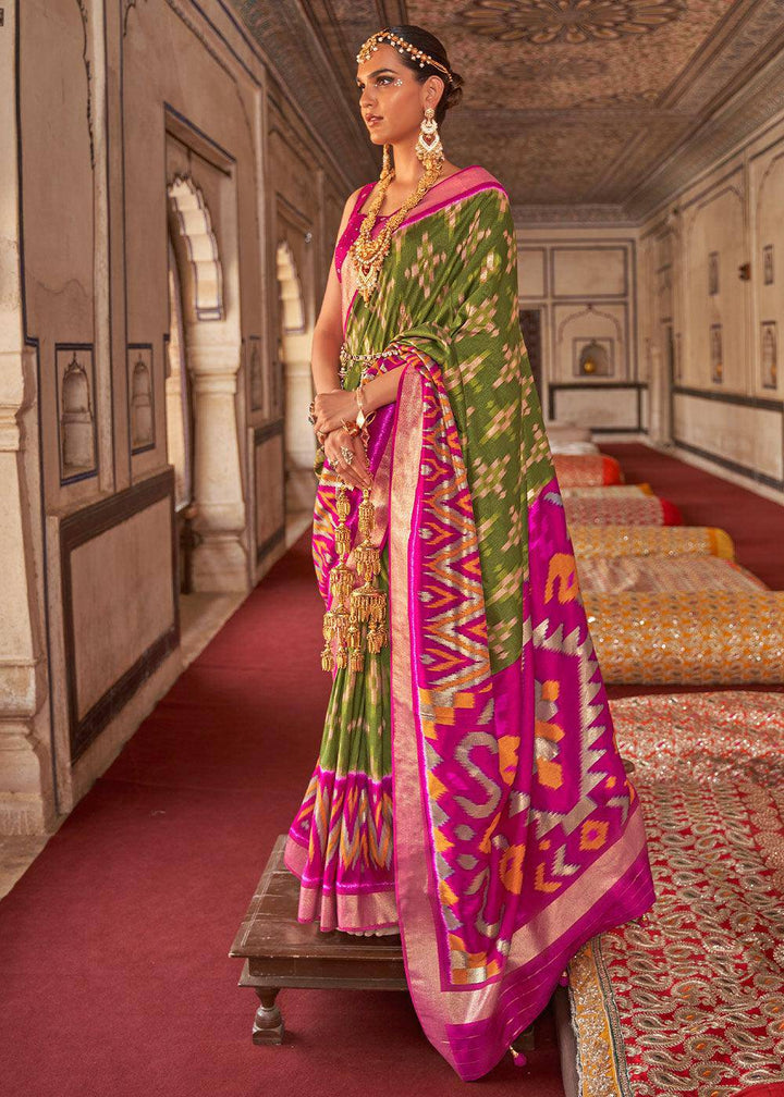 Green & Pink Printed Patola Dola Silk Saree with Zari Border | Stitched Blouse - qivii