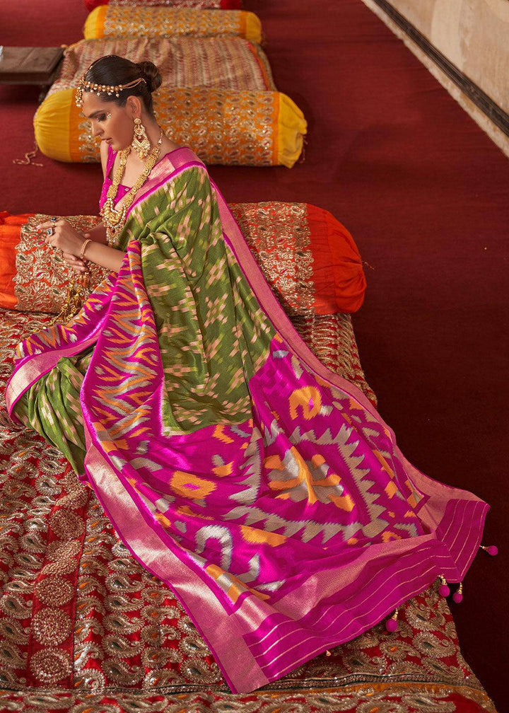 Green & Pink Printed Patola Dola Silk Saree with Zari Border | Stitched Blouse - qivii