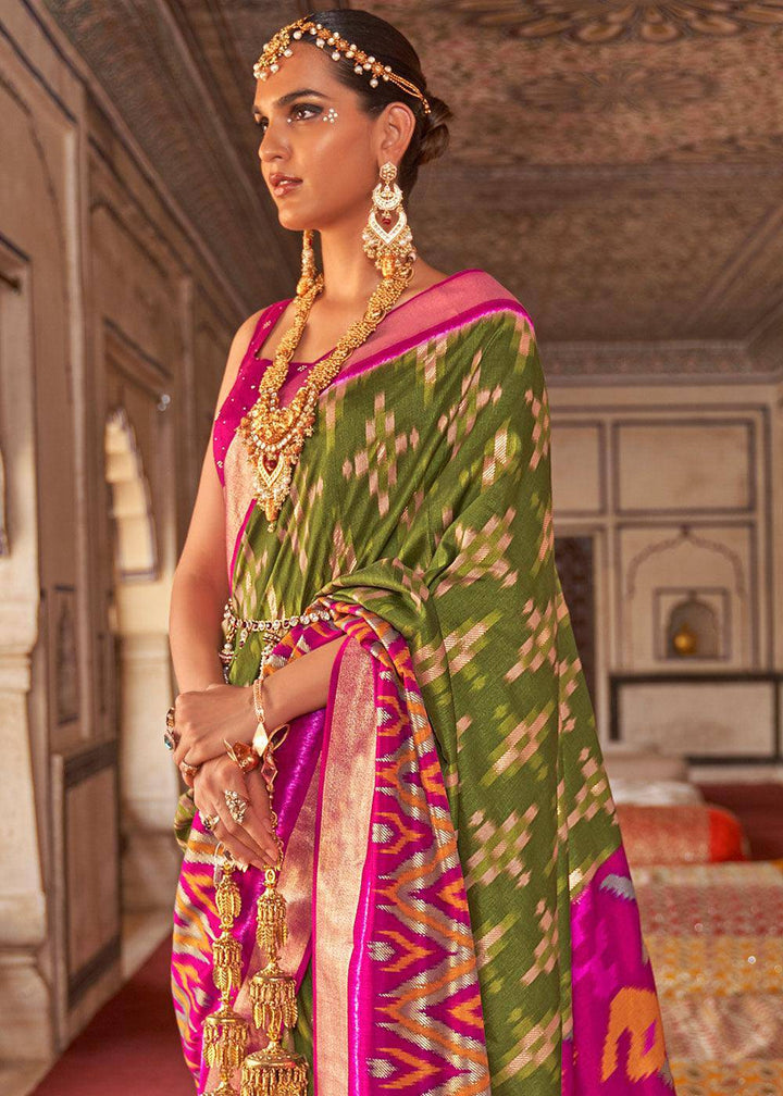 Green & Pink Printed Patola Dola Silk Saree with Zari Border | Stitched Blouse - qivii