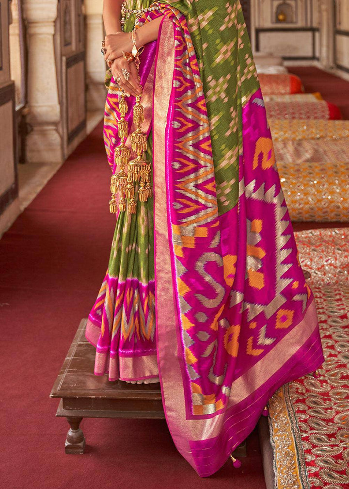 Green & Pink Printed Patola Dola Silk Saree with Zari Border | Stitched Blouse - qivii