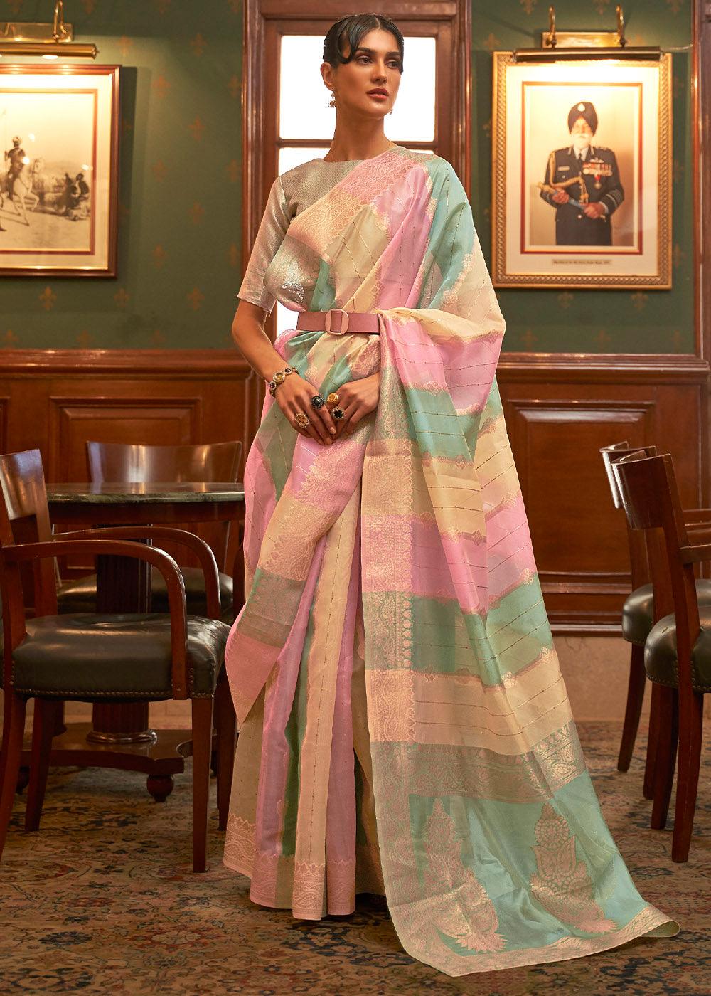 Green & Pink Woven Organza Silk Saree | Stitched Blouse - qivii