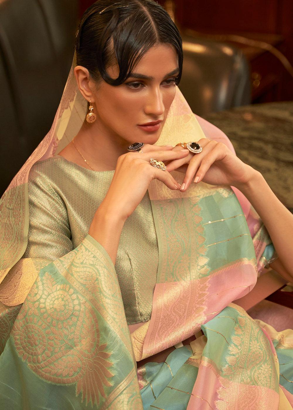 Green & Pink Woven Organza Silk Saree | Stitched Blouse - qivii