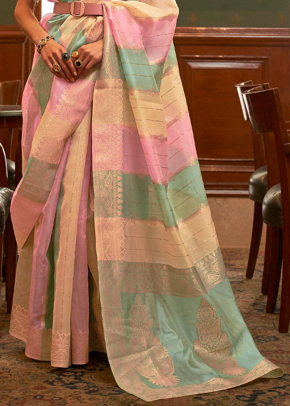 Green & Pink Woven Organza Silk Saree | Stitched Blouse - qivii