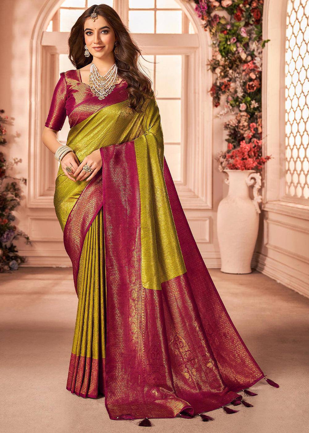 Green & Pink Zari Woven Designer Silk Saree | Stitched Blouse - qivii