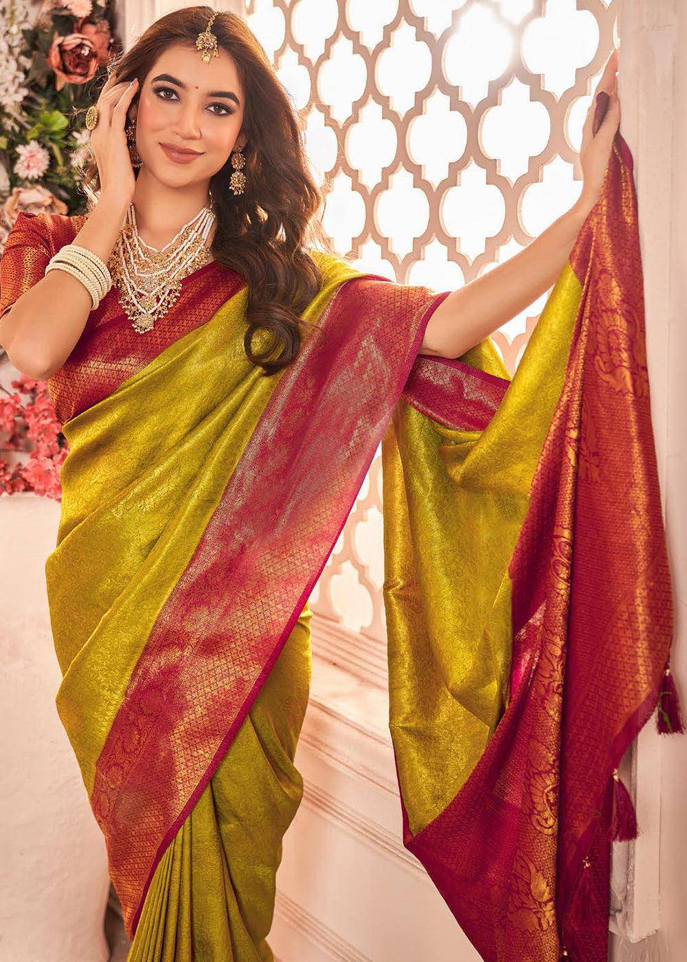 Green & Pink Zari Woven Designer Silk Saree | Stitched Blouse - qivii