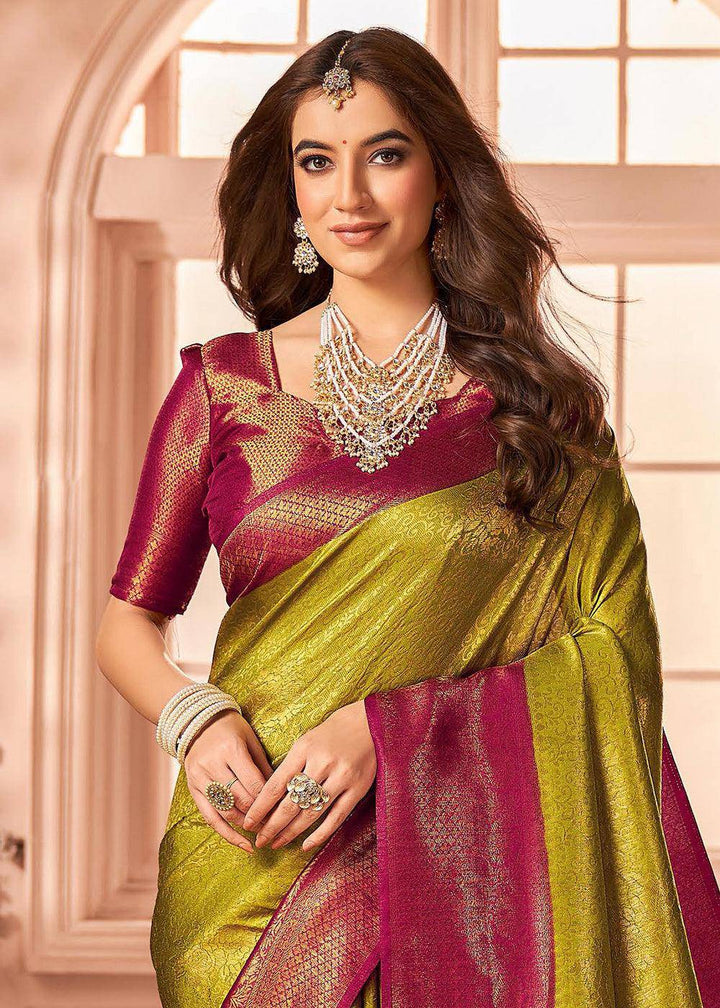 Green & Pink Zari Woven Designer Silk Saree | Stitched Blouse - qivii