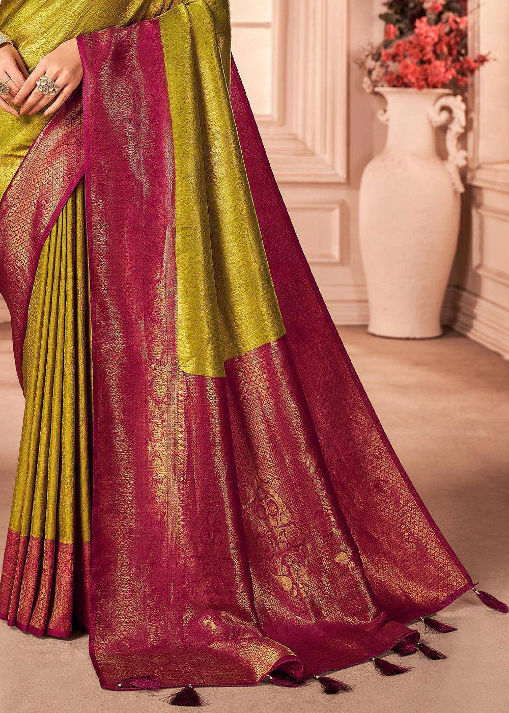 Green & Pink Zari Woven Designer Silk Saree | Stitched Blouse - qivii