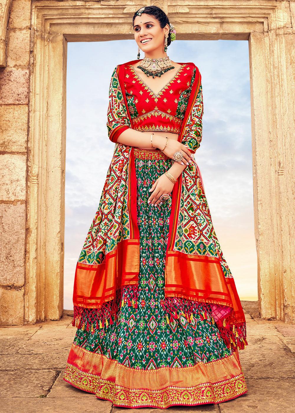 Green & Red Patola Printed Banarasi Silk Lehenga Choli with Embroidery Work - qivii