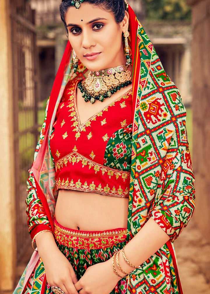 Green & Red Patola Printed Banarasi Silk Lehenga Choli with Embroidery Work - qivii