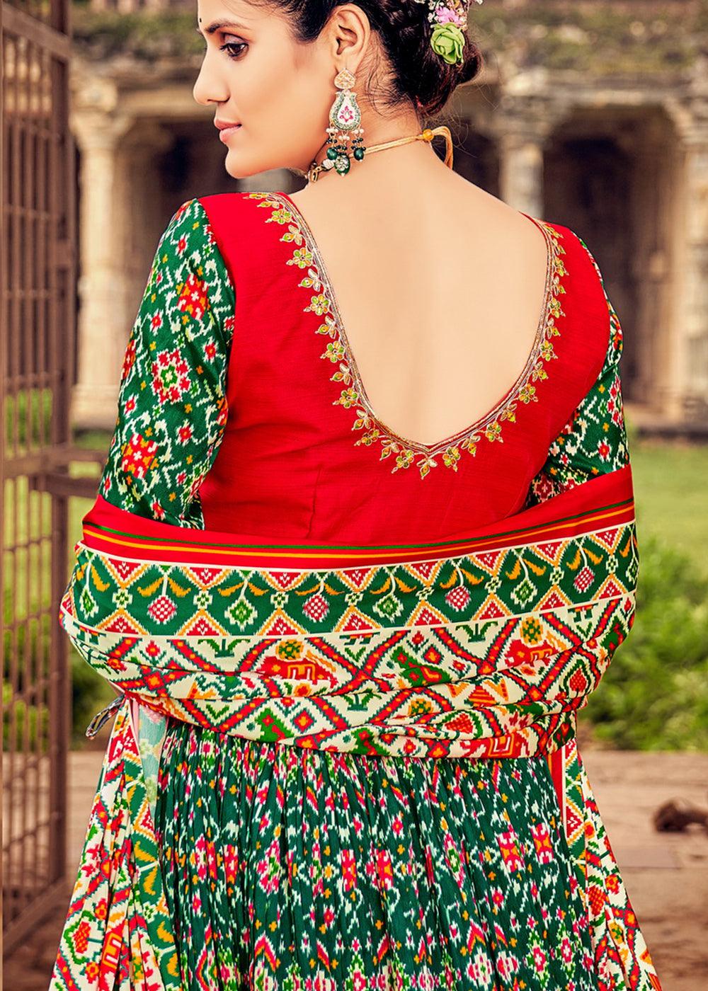 Green & Red Patola Printed Banarasi Silk Lehenga Choli with Embroidery Work - qivii