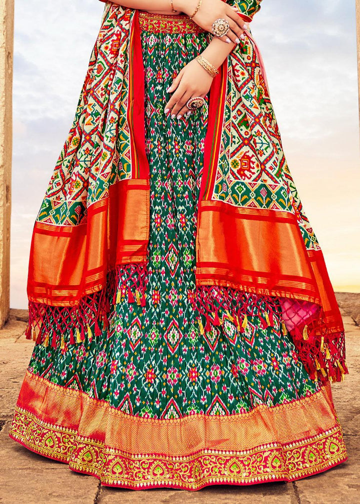 Green & Red Patola Printed Banarasi Silk Lehenga Choli with Embroidery Work - qivii