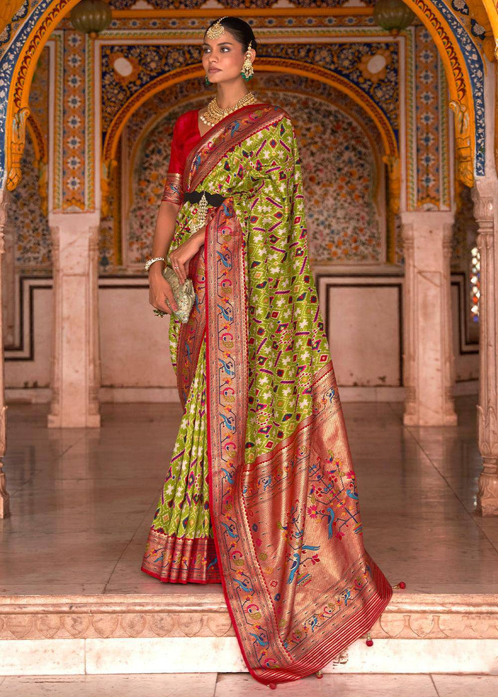 Green & Red Patola Printed Designer Silk Saree | Stitched Blouse - qivii