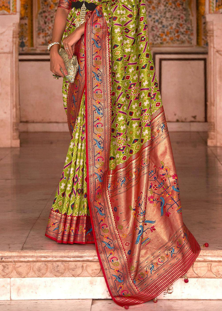 Green & Red Patola Printed Designer Silk Saree | Stitched Blouse - qivii