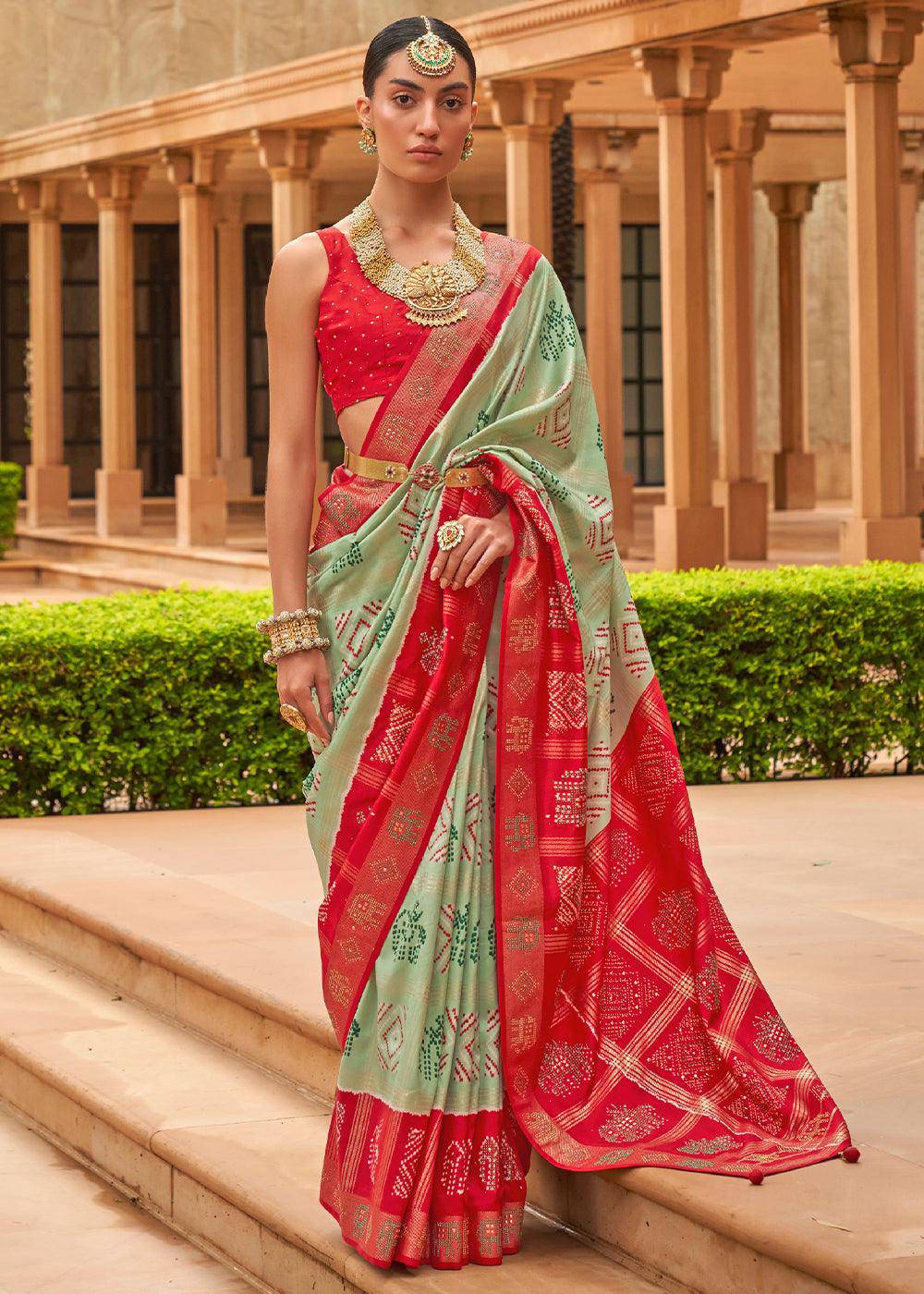 Green & Red Printed Patola Silk Saree with Swaroski Work | Stitched Blouse - qivii