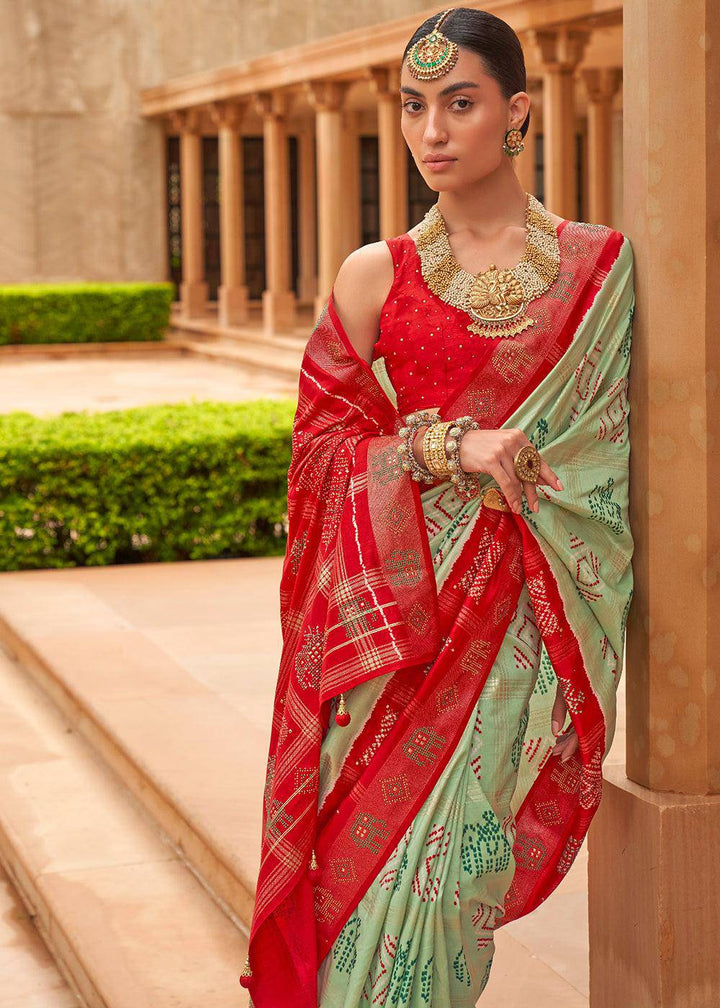 Green & Red Printed Patola Silk Saree with Swaroski Work | Stitched Blouse - qivii