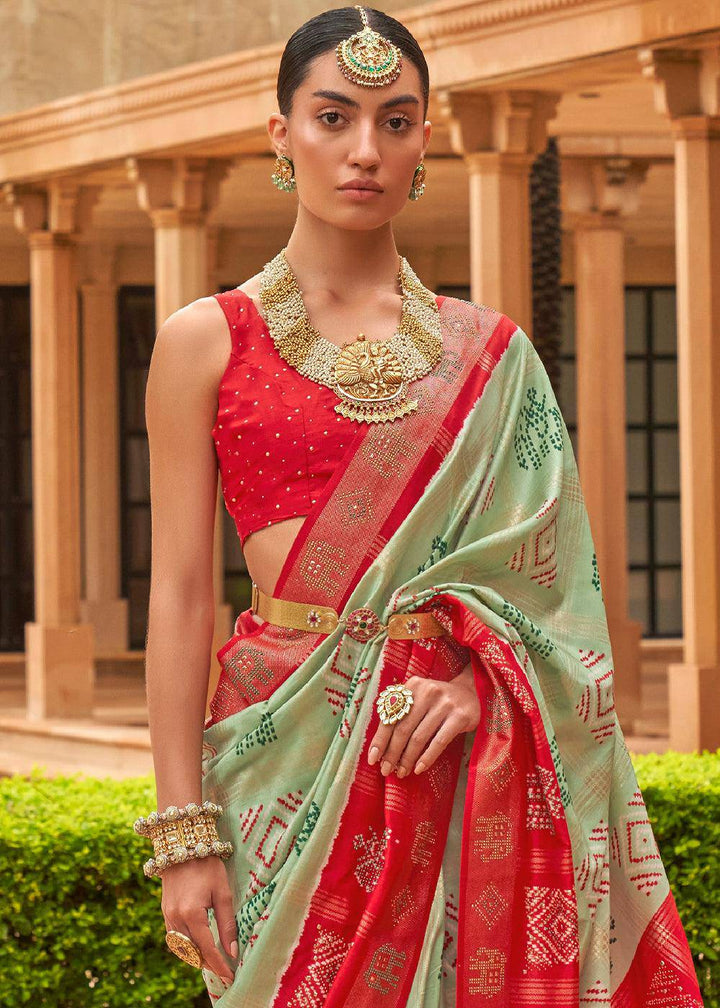 Green & Red Printed Patola Silk Saree with Swaroski Work | Stitched Blouse - qivii