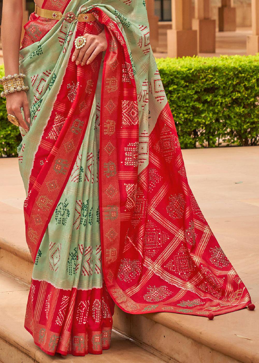 Green & Red Printed Patola Silk Saree with Swaroski Work | Stitched Blouse - qivii