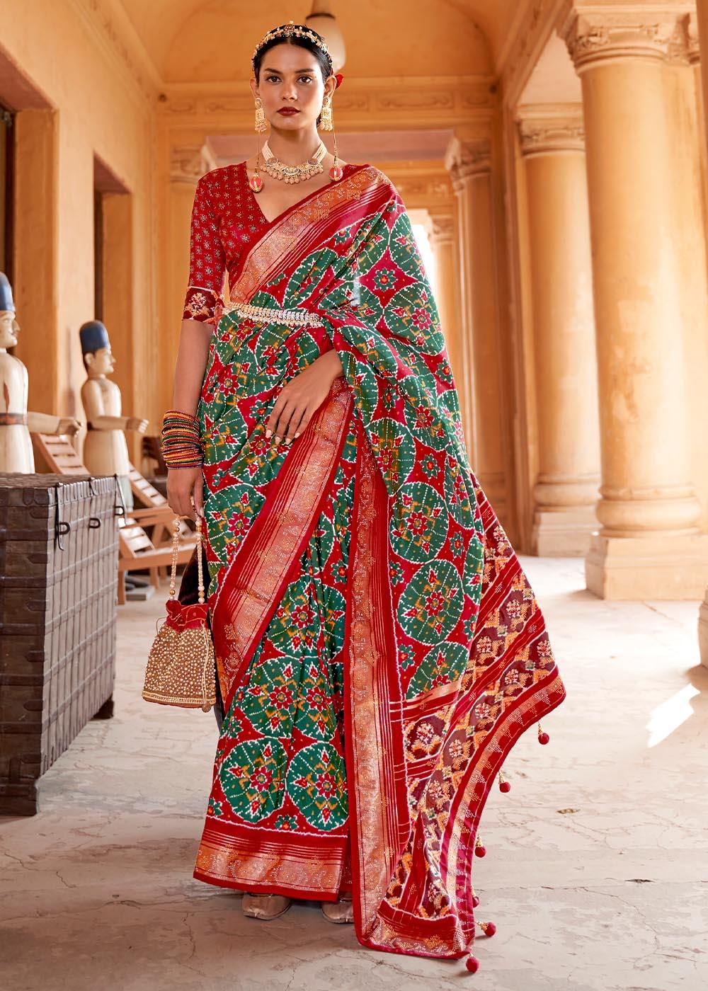 Green & Red Printed Patola Silk Saree with Zari Border & Tassels on Pallu | Stitched Blouse - qivii