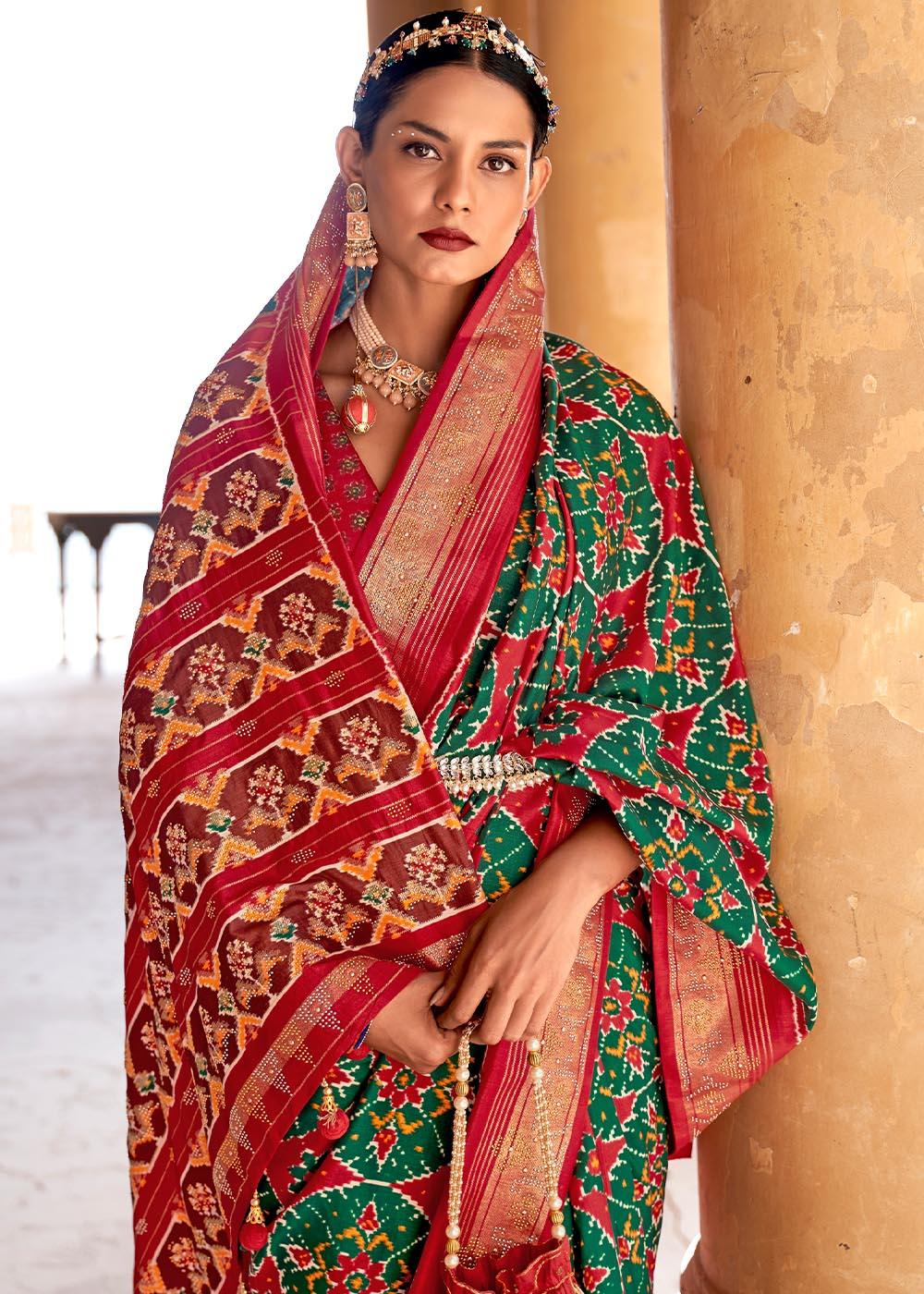 Green & Red Printed Patola Silk Saree with Zari Border & Tassels on Pallu | Stitched Blouse - qivii