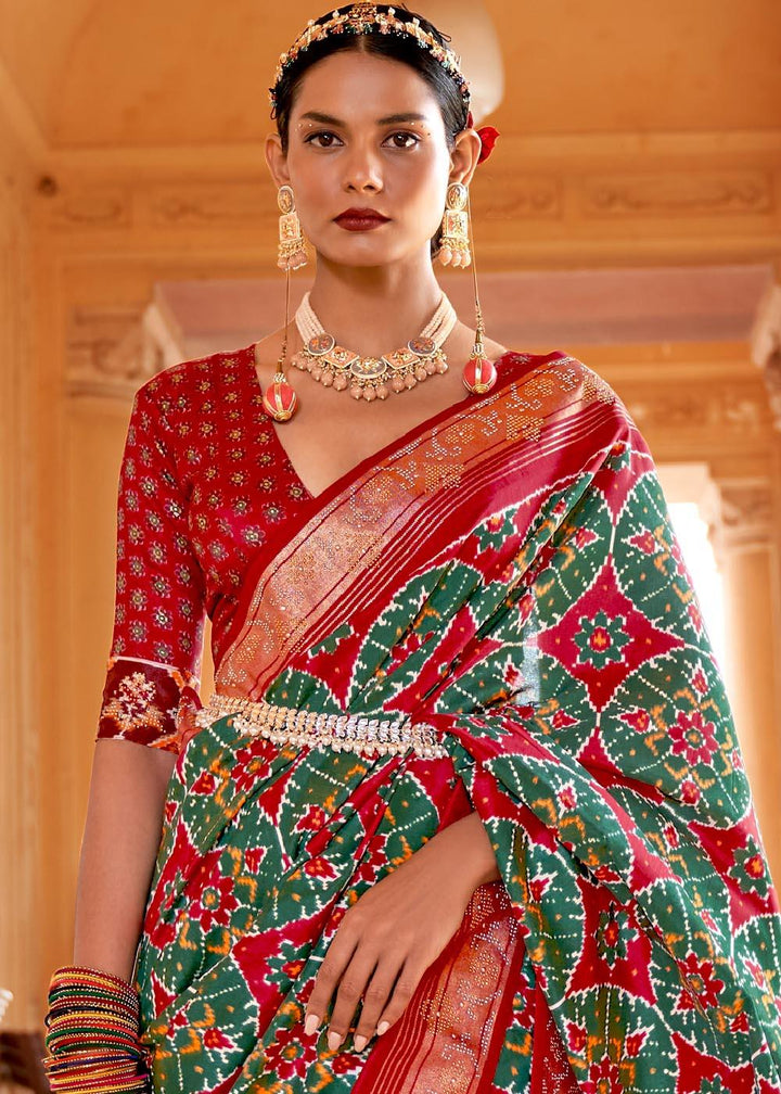 Green & Red Printed Patola Silk Saree with Zari Border & Tassels on Pallu | Stitched Blouse - qivii