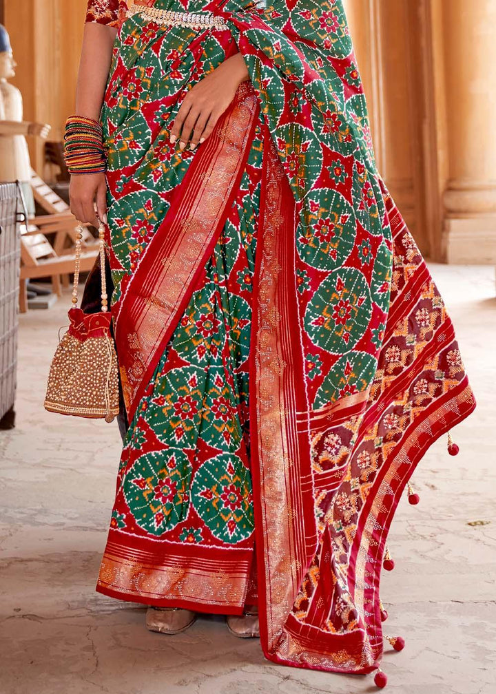 Green & Red Printed Patola Silk Saree with Zari Border & Tassels on Pallu | Stitched Blouse - qivii